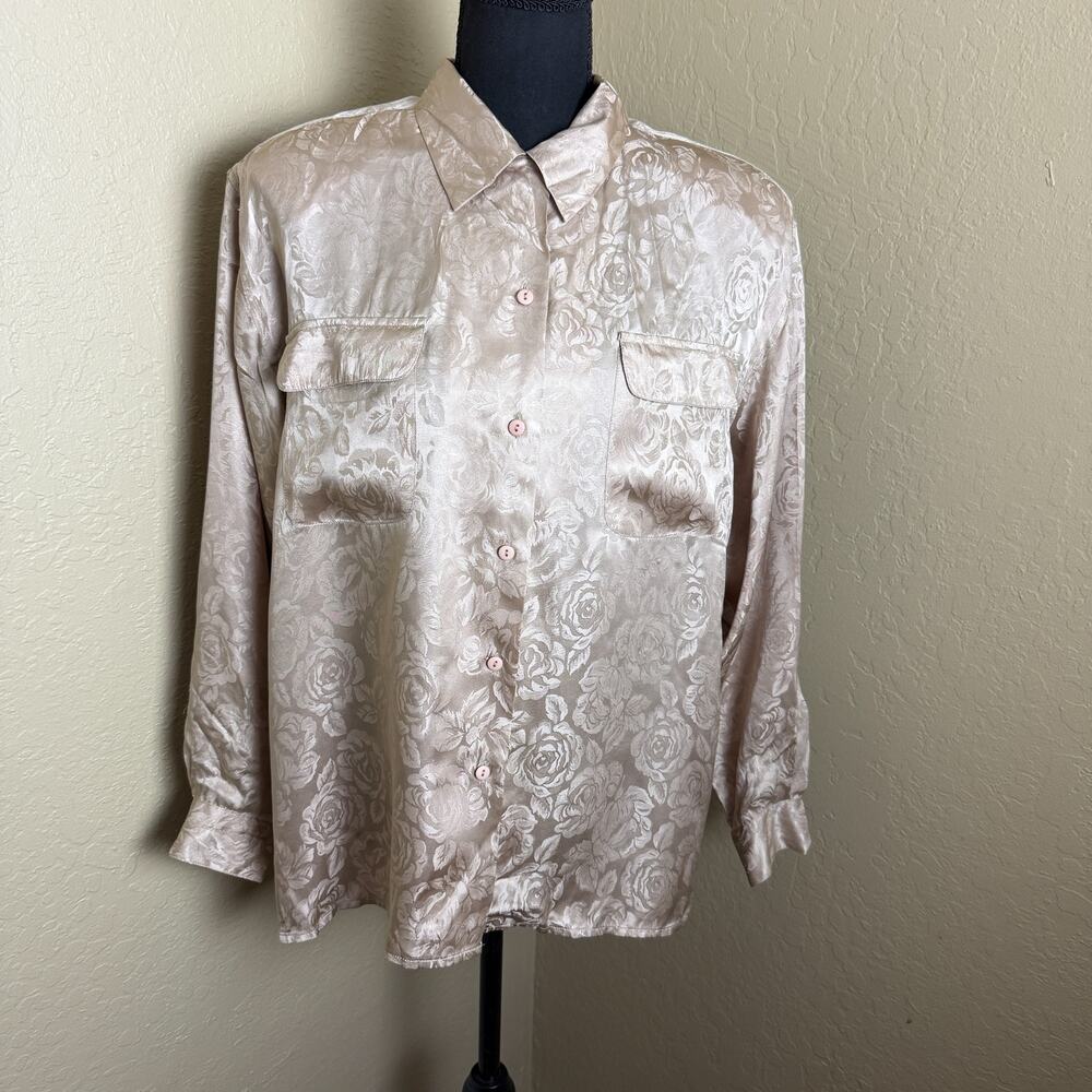 Alex & Amy 100% Silk Floral Jacquard Button Down Blouse Champagne Pockets